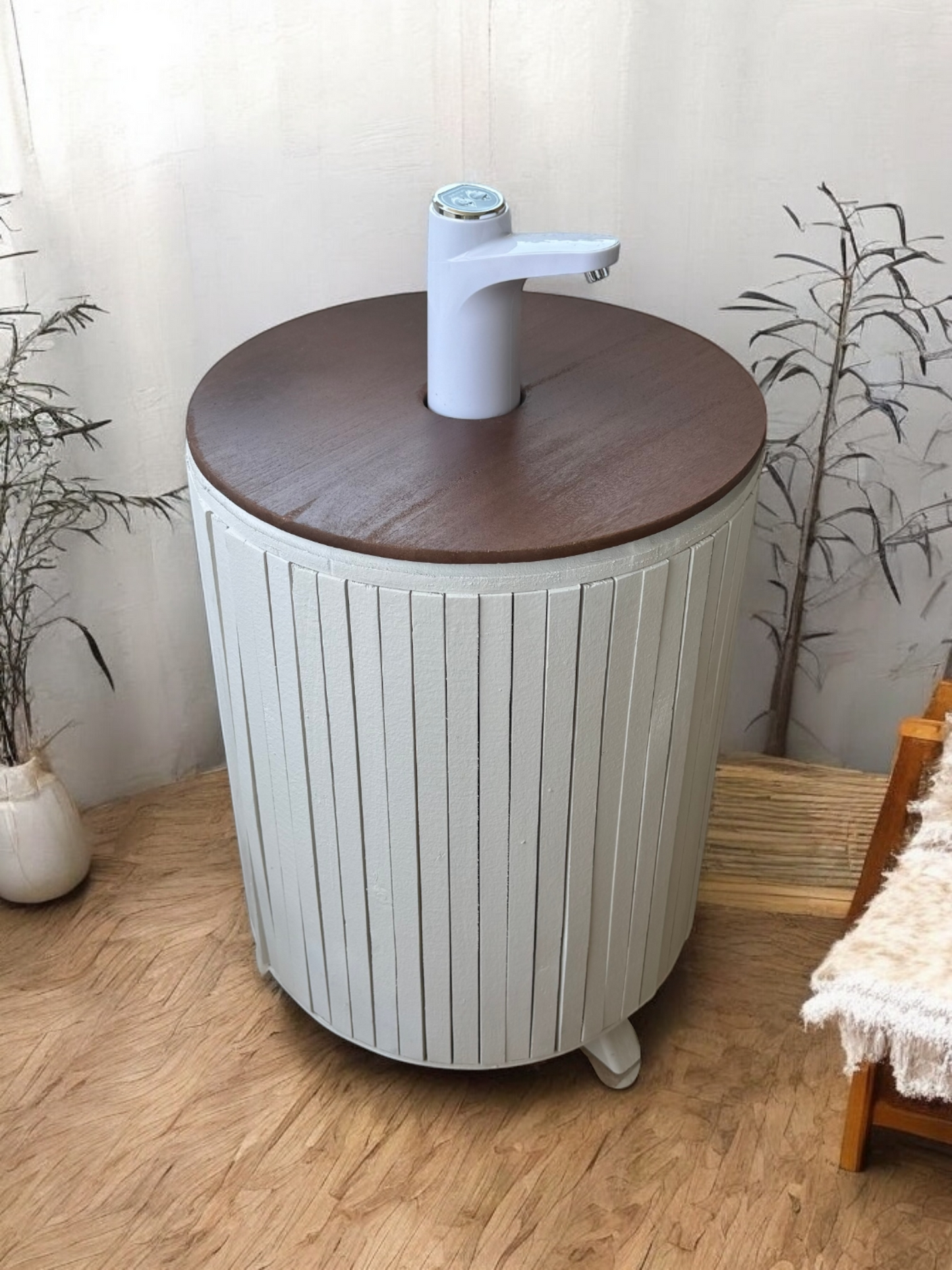 Mueble para Bidón Blanco tapa Nogal